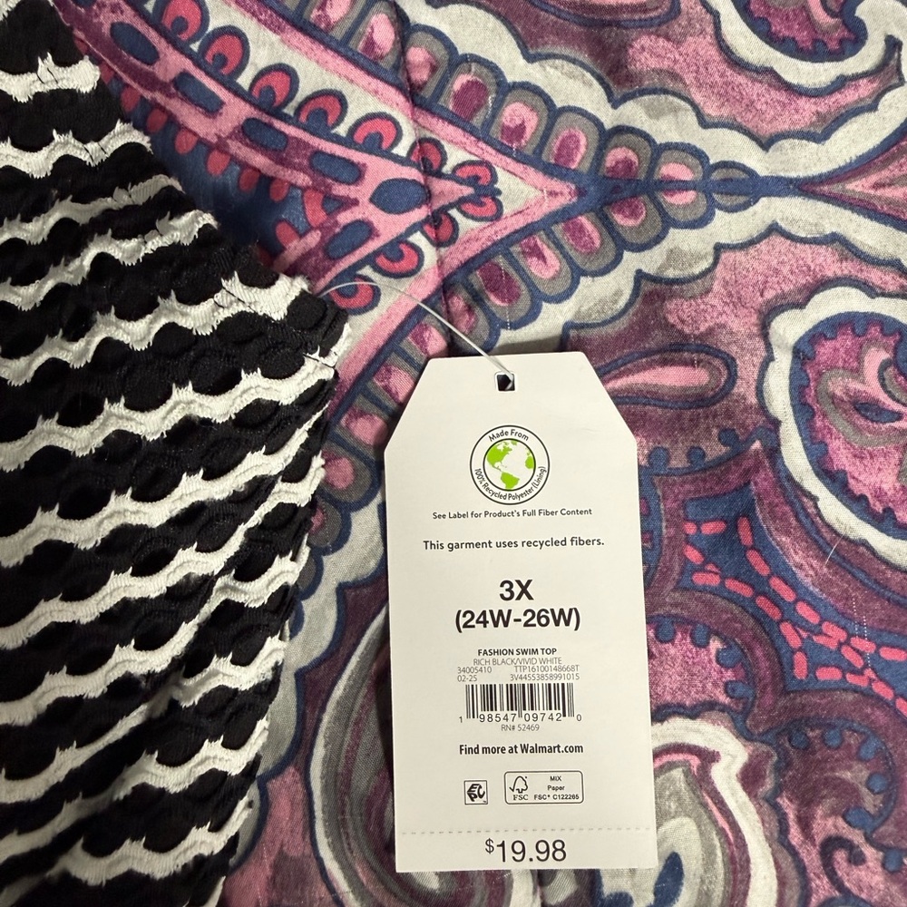 Time and Tru Black and White Wave-Print Bikini Set Plus Size 3X - Picture 2 of 7